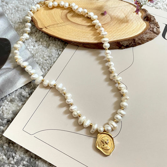 Irregular Pearl with Portrait Oval Necklace