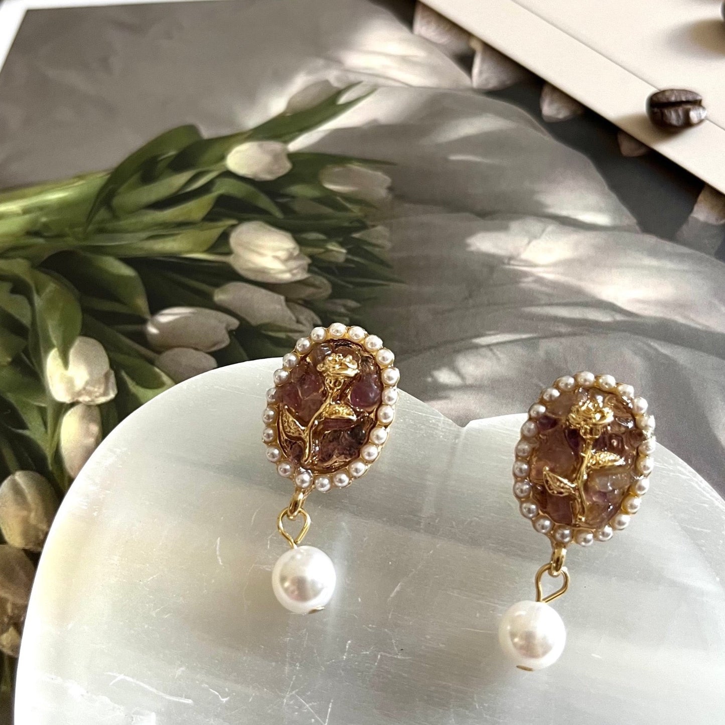 Vintage Rose with Pearl Earrings