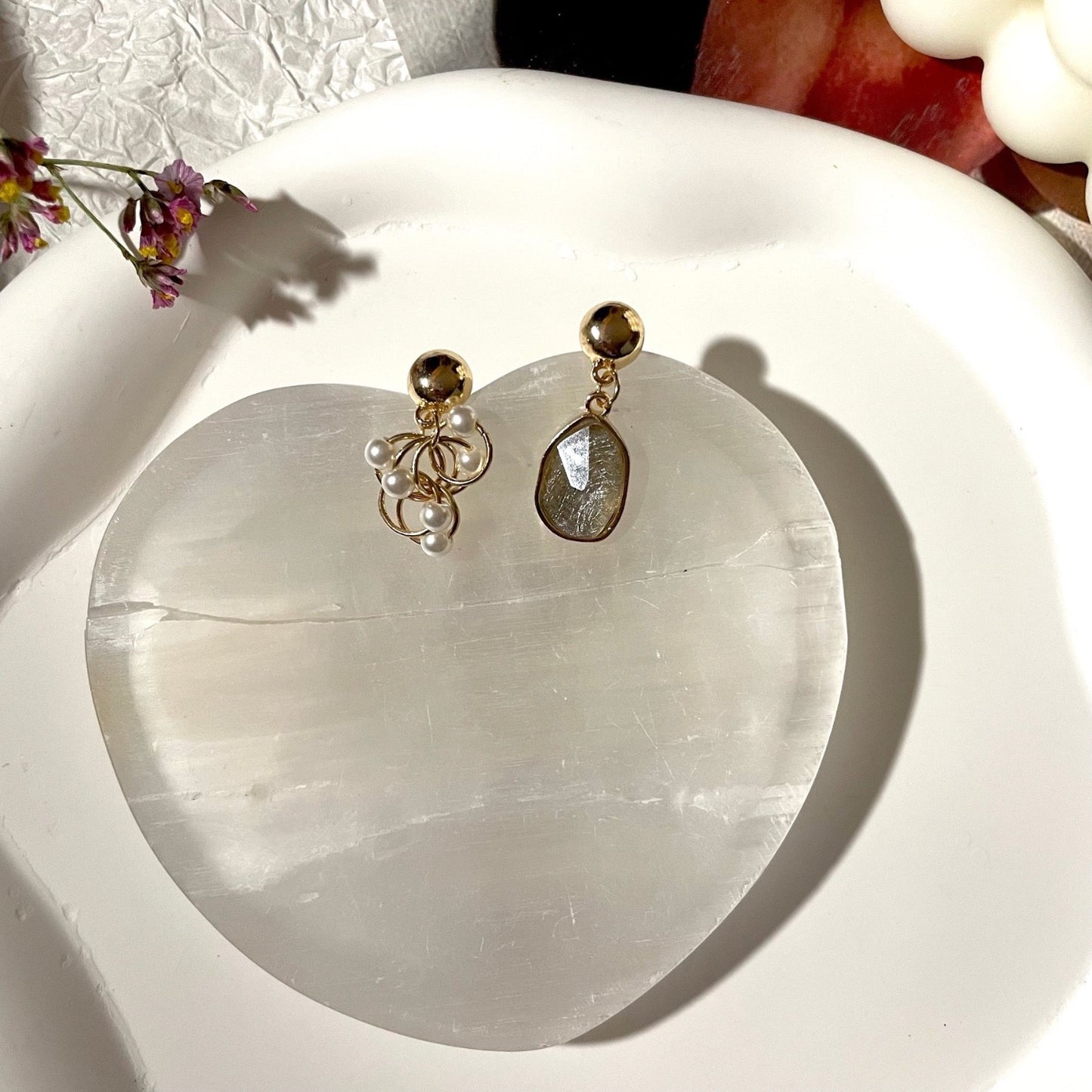 Asymmetric Gemstone & Pearl Earrings