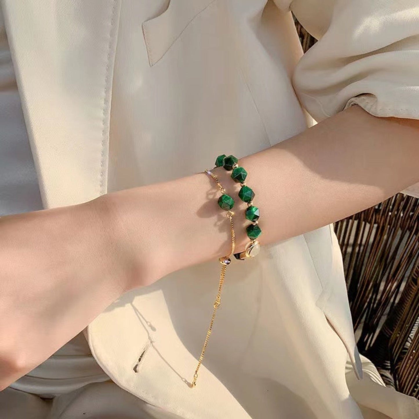 Green Gemstone Bracelet - 2 Piece Set