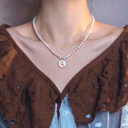 Elegant Pearl Necklace with Rose Pedant