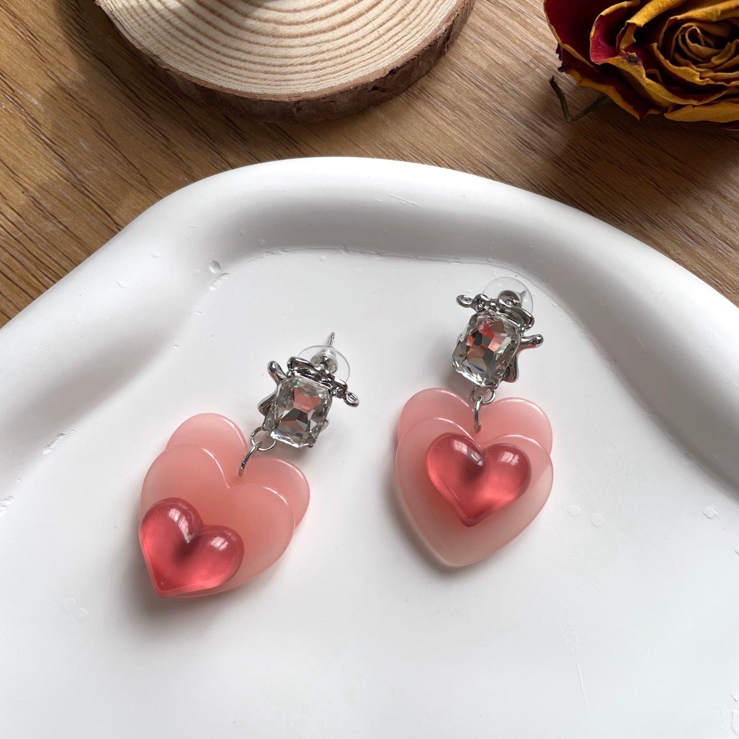 Pink Rhinestone Heart Earrings