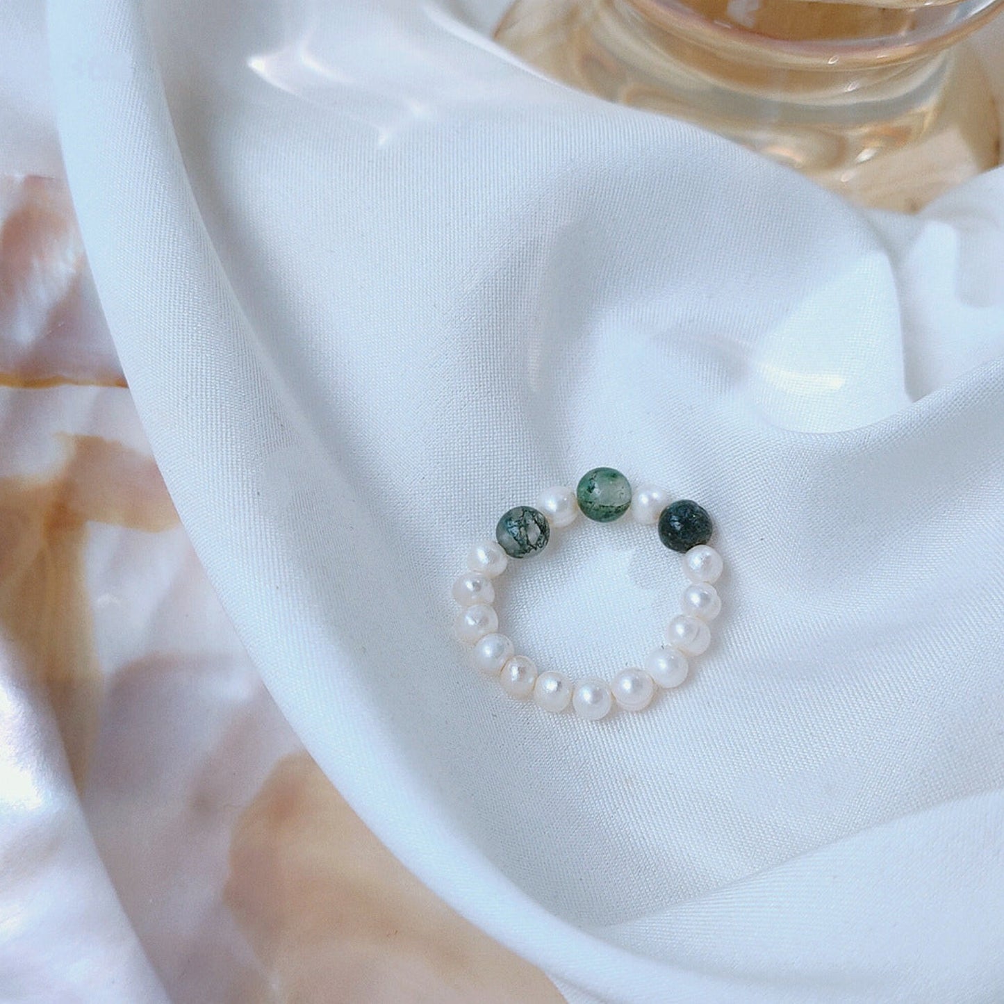 Handmade Green Stone Pearl Ring