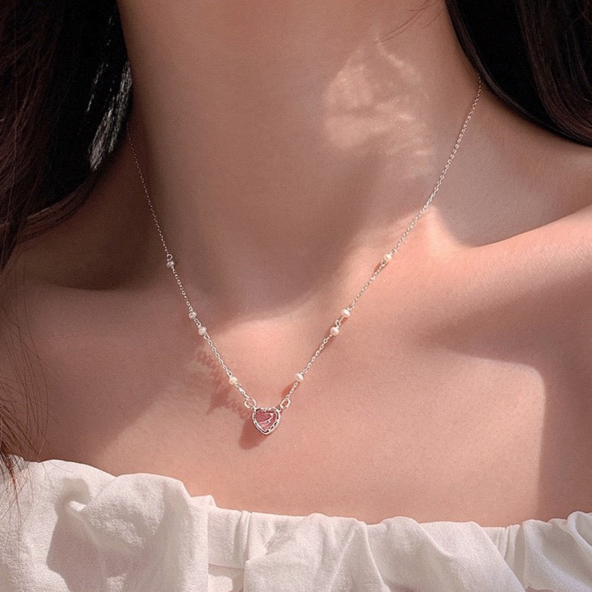 Unique Pearl Necklace with Heart Pendant